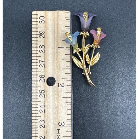 Vintage Floral Brooch Pin Lianna LIA Gold Toned Calla Lily Flower Pink Blue - Picture 9 of 9